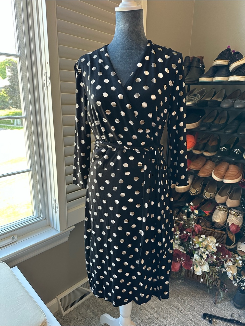Sade Black Wrap Dress with Light Beige Polka Dots Size 8